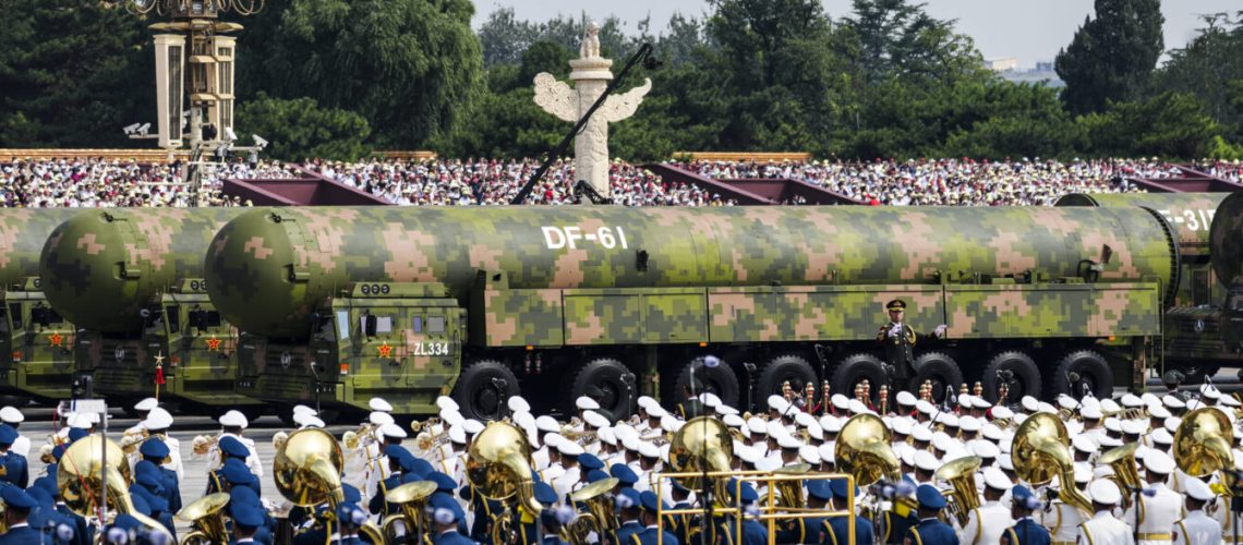 (250903) -- BEIJING, Sept. 3, 2025 (Xinhua) -- The nuclear missile formation attends a military parade in Beijing, capital of China, Sept. 3, 2025. China on Wednesday held a grand gathering to commemorate the 80th anniversary of the victory in the Chinese People's War of Resistance against Japanese Aggression and the World Anti-Fascist War. (Xinhua/Zheng Huansong) - Zheng Huansong -//CHINENOUVELLE_XxjpseE000895_20250903_PEPFN0A001/Credit:CHINE NOUVELLE/SIPA/2509031118